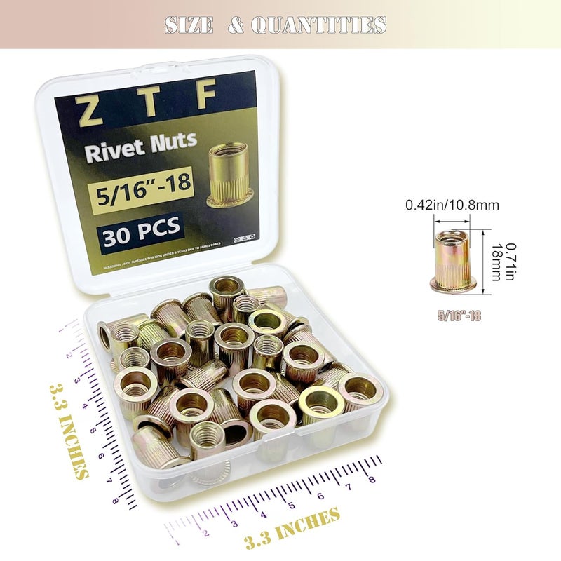 ZTF SAE 8-32 10-24 1/4-20 5/16-18 3/8 Inch-16UNC Rivet Nut Assortment Kit, Yellow Zinc Flat Head Rivnut Set, Threaded Insert Nutsert Rivnuts for Metal, Plastic, Fiberglass (5/16"-18UNC) - Image 4